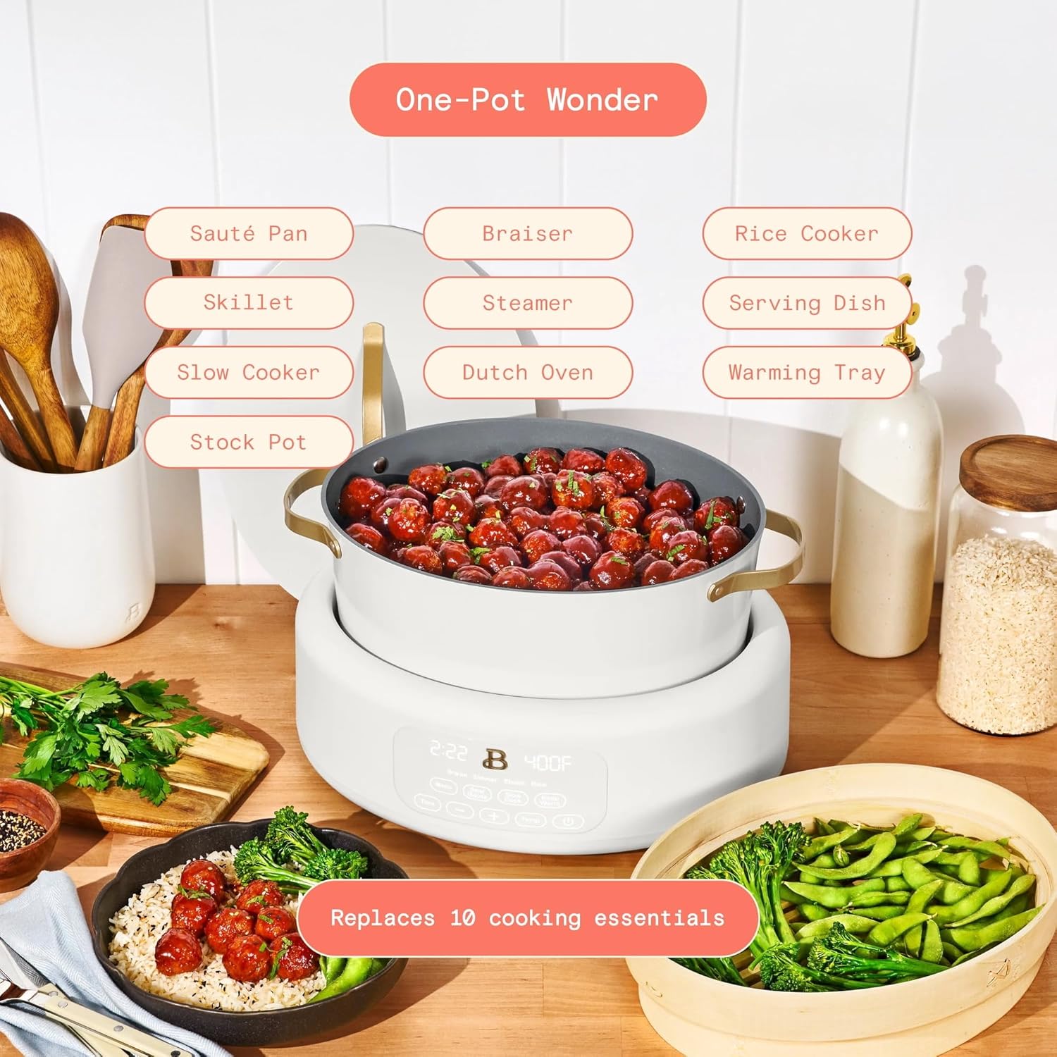 8 QT 12-in-1 Programmable Multi-Cooker with Bamboo Steamer, Electric Dutch Oven, Slow Cooker, Searing Pot & Rice Cooker, Non-Toxic Ceramic (White Icing)