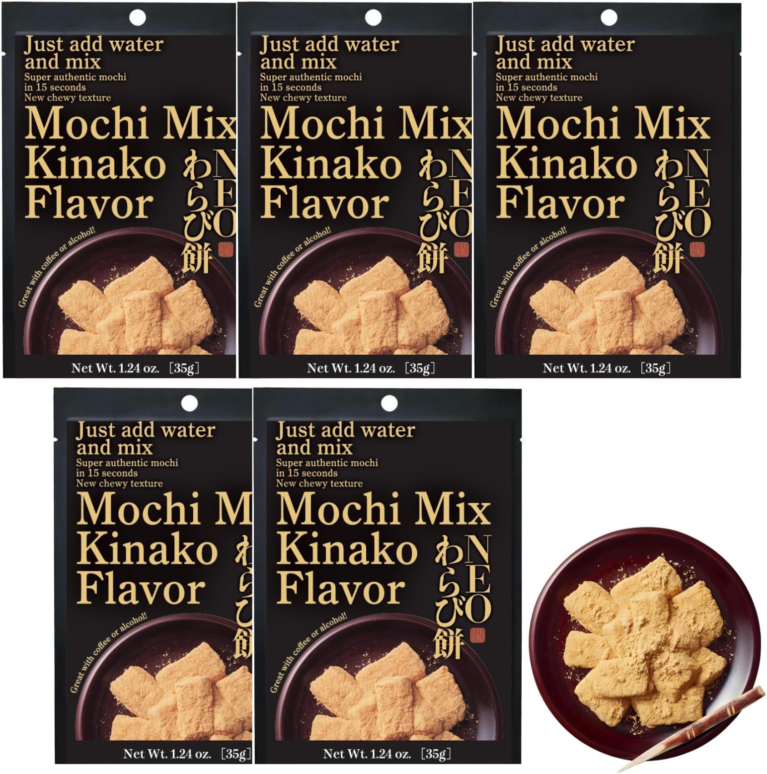 MINOYA WARABIMOCHI Japanese Sweets Wagashi Mochi Made In Japan (5 Packs, Kinako)