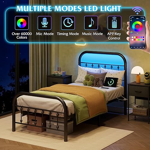 Miniatura 3 de WLIVE Marco de cama individual, marcos de cama de tamaño individual con luces LED y estación de carga, marco de cama de metal con cabecero, no
