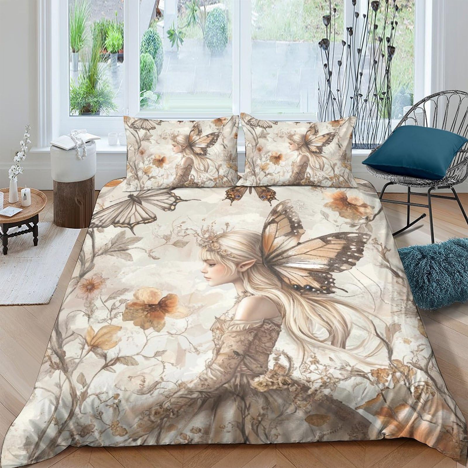Ctjqhvkz Style-8 3D Printed Fairy Butterfly Fitted Sheet Microfiber Soft Beige Floral Mattress Cover For Bedroom Guest Room Decor Single（135X200cm）