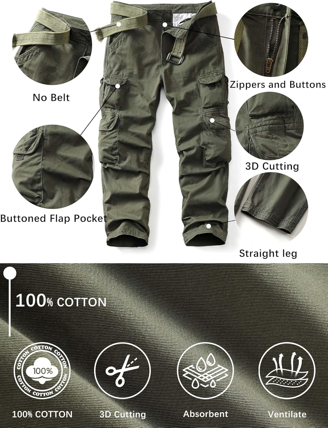 Men's Camo Cargo Work Pants Ripstop Causal Cotton Wild BDU Trousers with 8 Pockets (No Belt) - Image 4