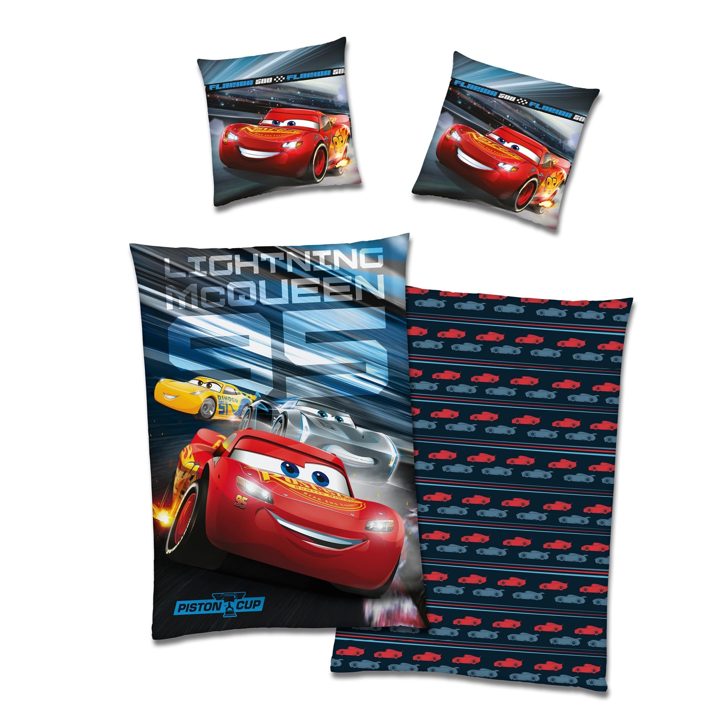 Familando – Disney Cars Warme Fleece Bettwäsche Set – Decken- & Kissenbezug 135x200 cm & 80x80 cm mit Reißverschluss – Wendemotiv mit Lightning McQueen, Cruz Ramirez & Jackson Storm – Öko-TEX Zert.
