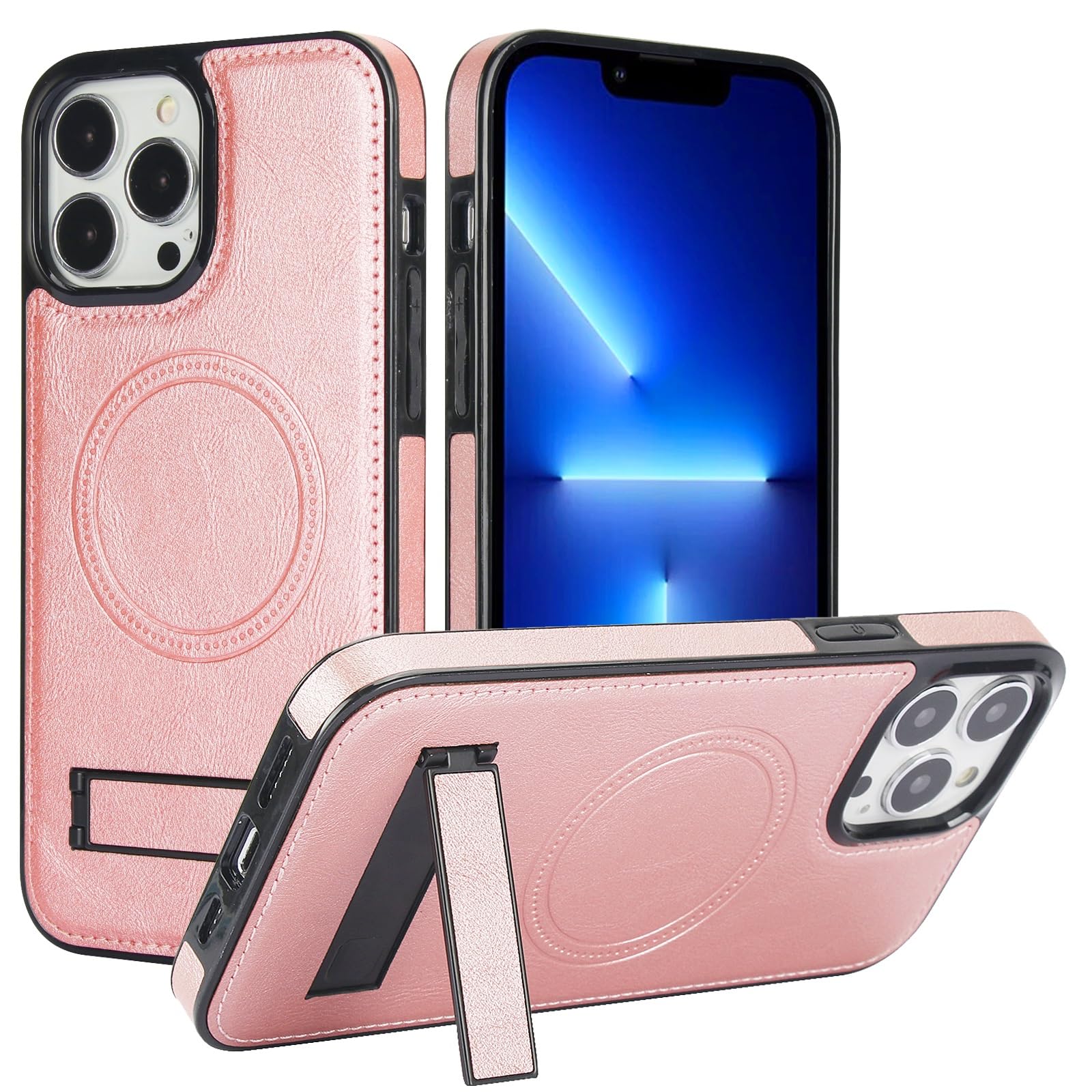 IPhone 13 Pro Max Case With Magnetic Kickstand - Slim PU Leather, MagSafe Compatible, Rose Gold, Includes Screen Protector