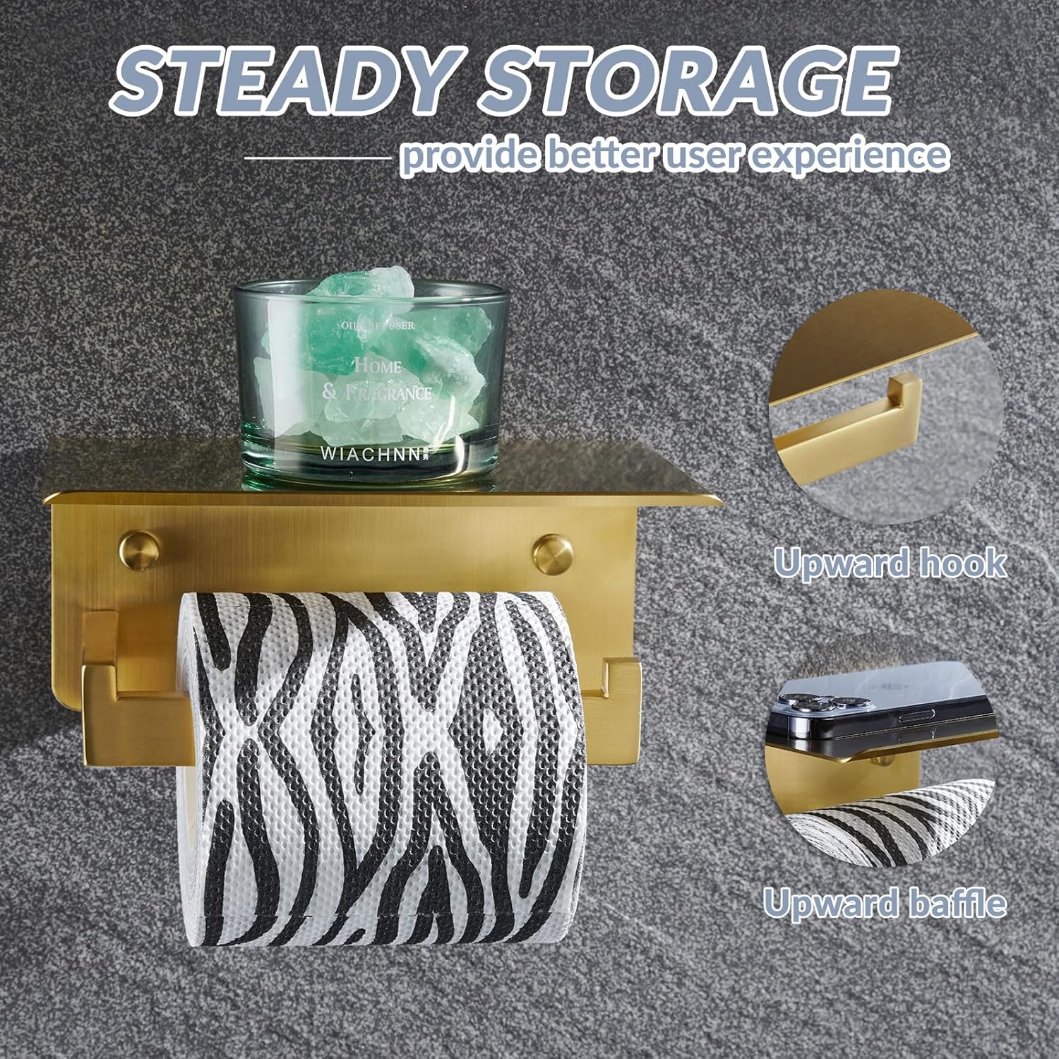 Double Bath Towel Hook and Toilet Paper Holder with Shelf Bundle, APLusee 304 Stainless Steel Wall Mounted Bathroom Accessories Brushed Gold