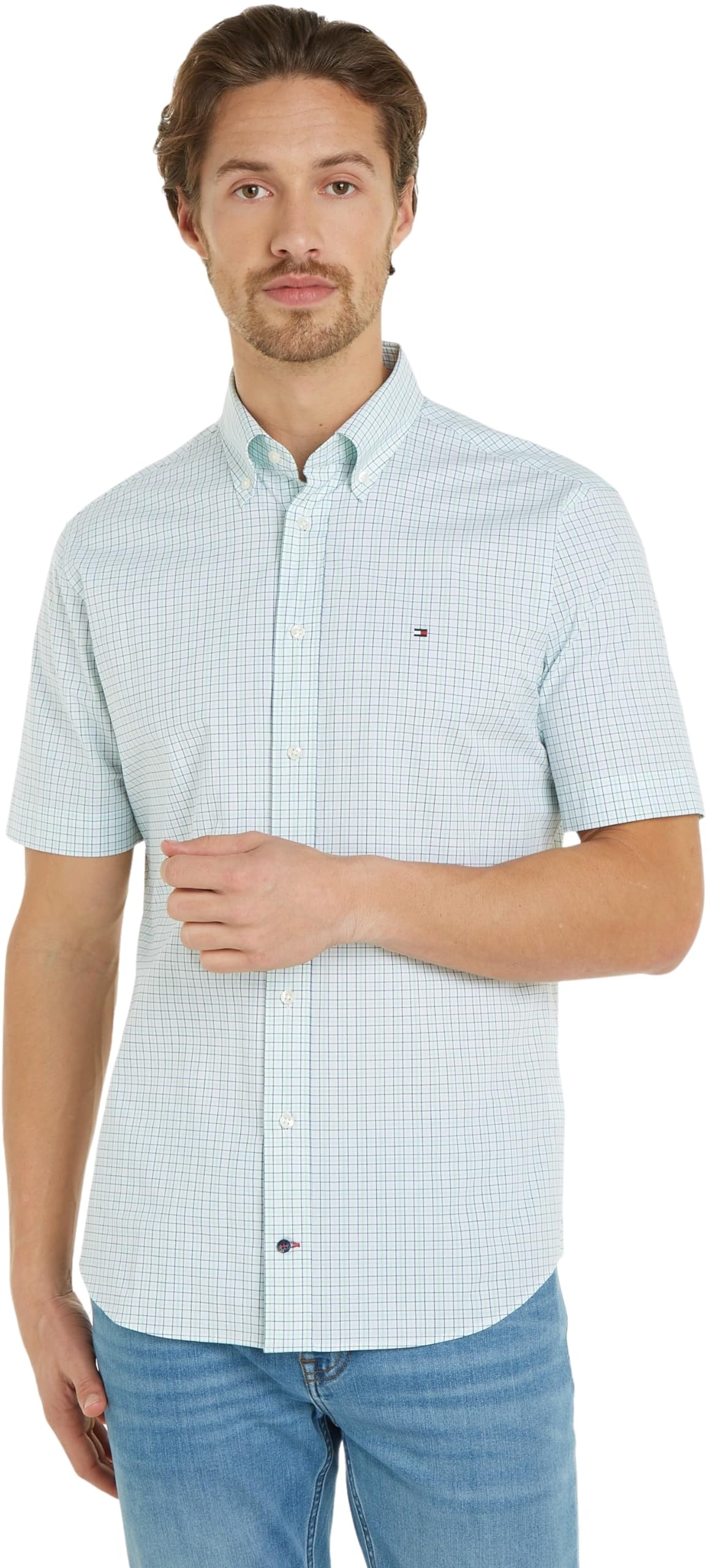 Tommy Hilfiger Camisa de Manga Corta para Hombre, Multicolor (Optic White / Pink Crystal / Multi), 40