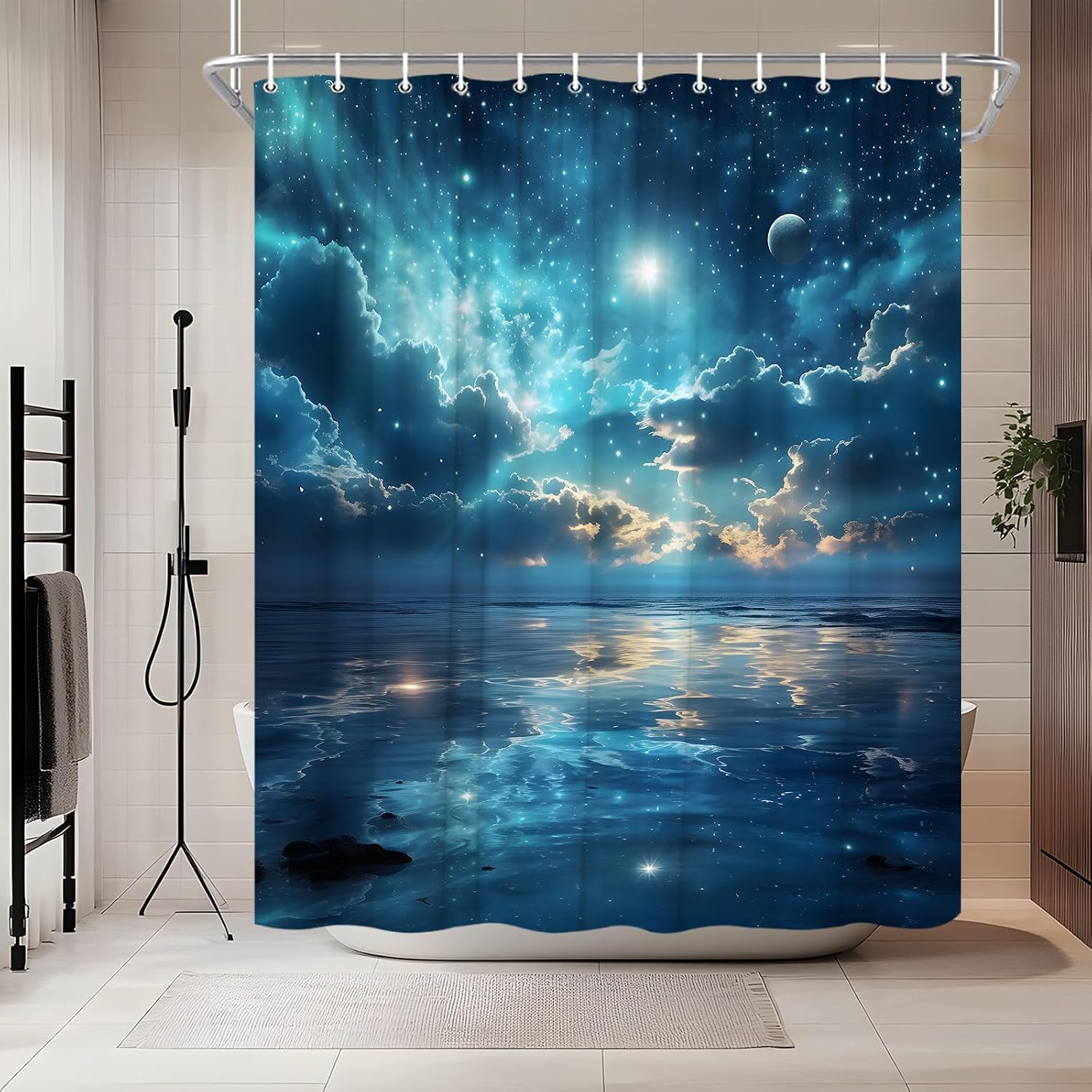 Fantasy Ocean Shower Curtain, Night Sky Nautical Starry Moon, 70" W x 70" L