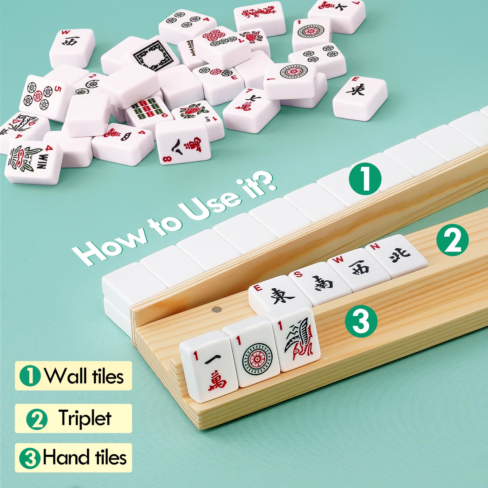 Uchwyty do mahjonga – [Większy rozmiar] Drewniane stojaki na mahjonga 48,3 cm z popychaczami, zestaw 4 tacek do gier Mahjong, stojaki do gier domino (zawiera popychacze