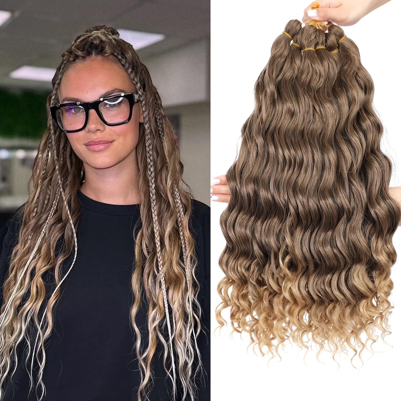 MLETULIPS Curly Crochet Braiding Hair Extensions Deep Wave Braiding Hair Ocean Wave Crochet Hair Soft Synthetic Bohemian Curly Water Wave Crochet Braids for Women (T4/27#