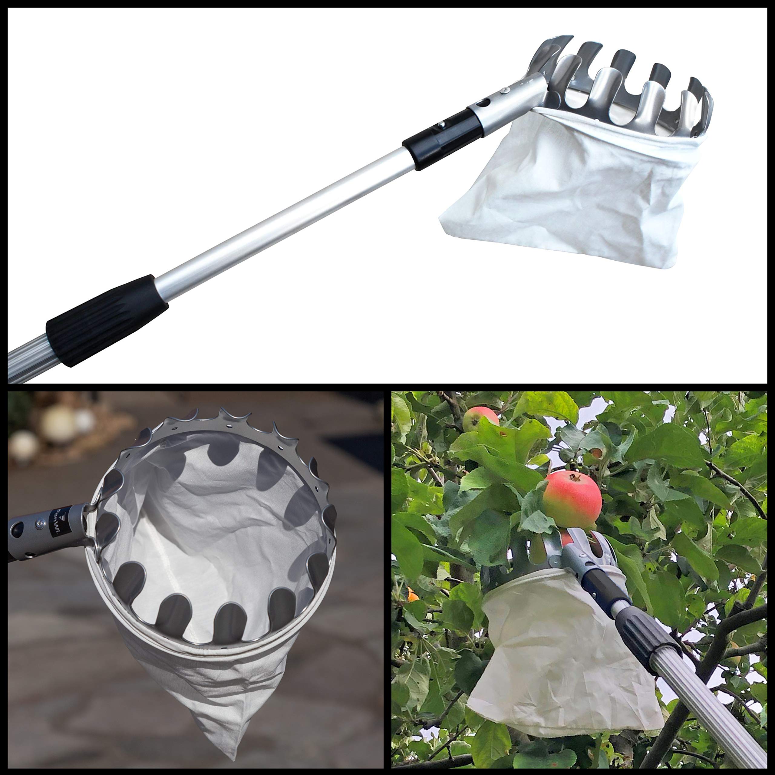 FenWi Teleskop Baumpflege Gartengeräte Set mit 6m Aluminium Teleskopstange, Astschere (Raupenschere mit Zugschnur), Astsäge, Obstpflücker und Baum-Haken - bis zu 8,50m Höhe