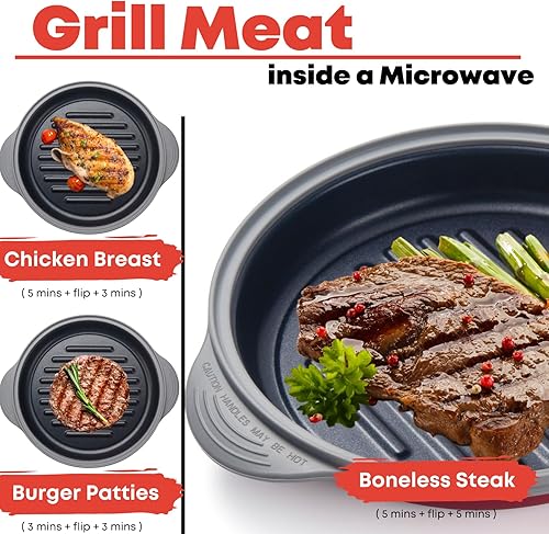 Miniatura 2 de MACONEE Sartén para microondas  Parrilla para microondas, plancha y sartén para cocinar con tapa para asar, dorar y crujir alimentos Utensilios de