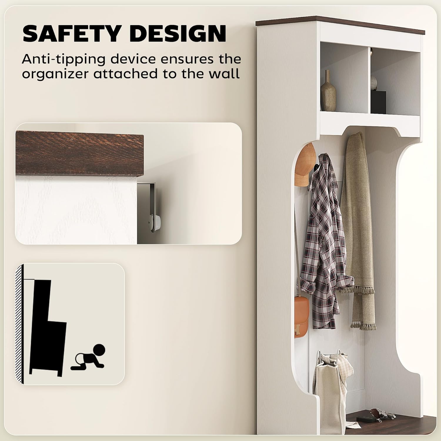 Diagram showing how to secure the hall tree to the wall with an anti-tipping device, and a warning symbol for tipping hazard.