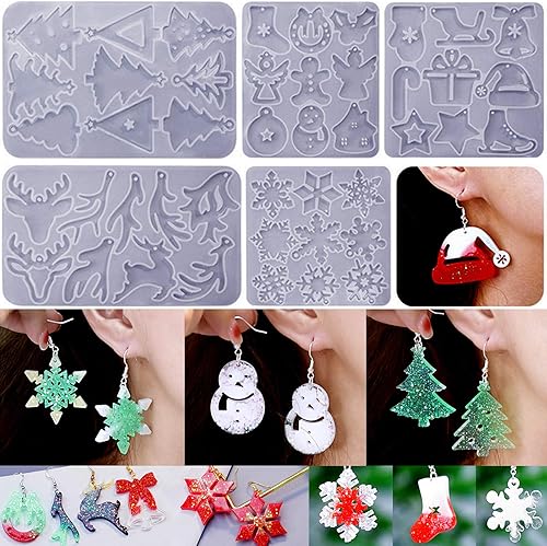 Paquete de 5 moldes de resina para aretes, moldes de joyería de resina, moldes de silicona de Navidad para mujeres, resina epoxi colgante de Navidad