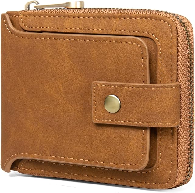 Huztencor Genuine Leather Zipper Wallet for Men RFID Blocking Mens Wallet with Zipper Coin Pocket ID Window Vintage Brown