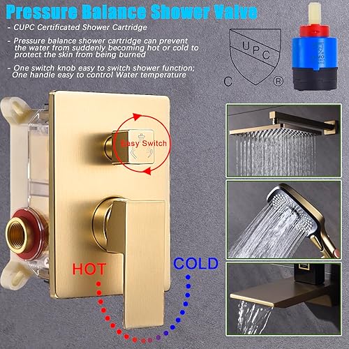 Miniatura 2 de Sistema de ducha con boquilla de bañera, ducha superior de 10 pulgadas, 4 ajustes, rociador de mano, cuerpo de válvula de equilibrio de presión con