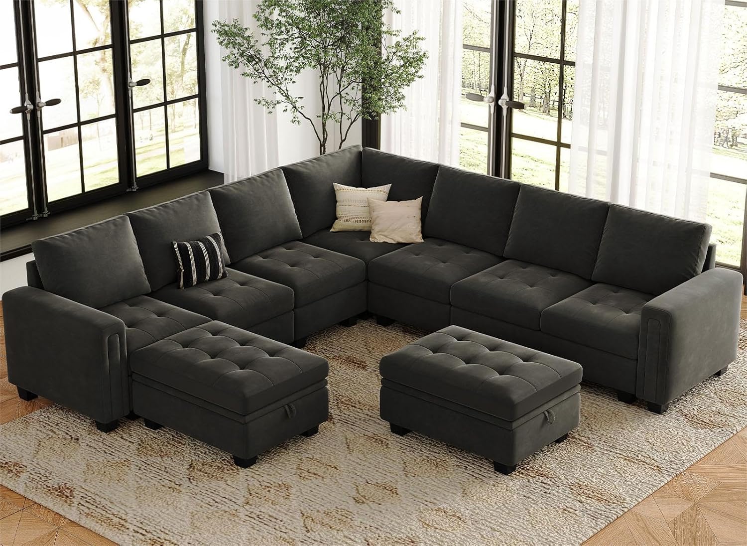 Belffin Modular Sectional Sofa U Shaped Sectional Couch with Storage Ottoman Velvet 9-Seater Convertible Sectional Sofa with Chaises - Thumbnail 3