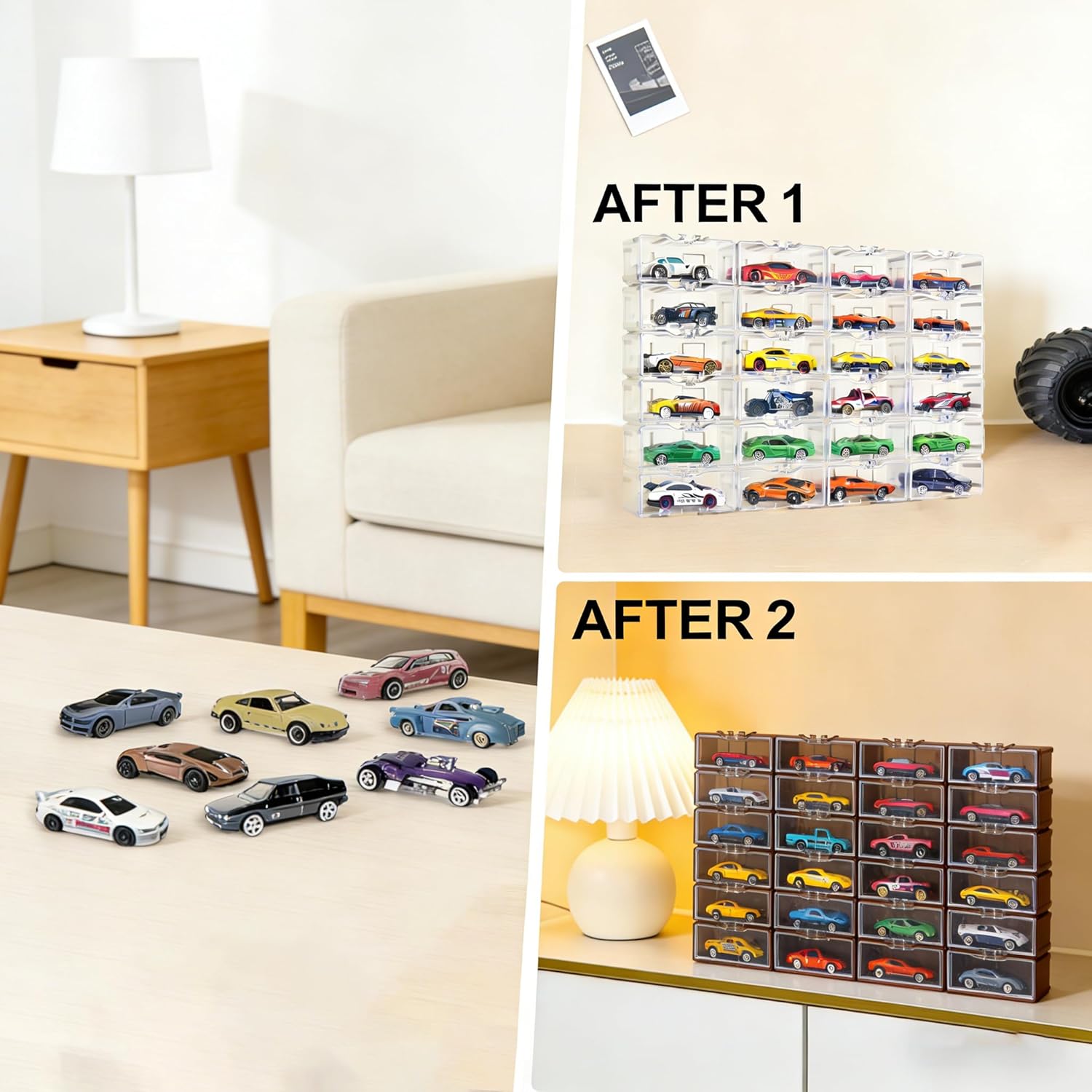 80-Pack Interlocking Toy Car Storage Case for 1/64 Scale Die-Cast Cars, Compatible with Hot Wheels & Matchbox Mini Cars, Clear Dustproof Stackable Display Organizer Box with Wall-Mount Holes (Black)