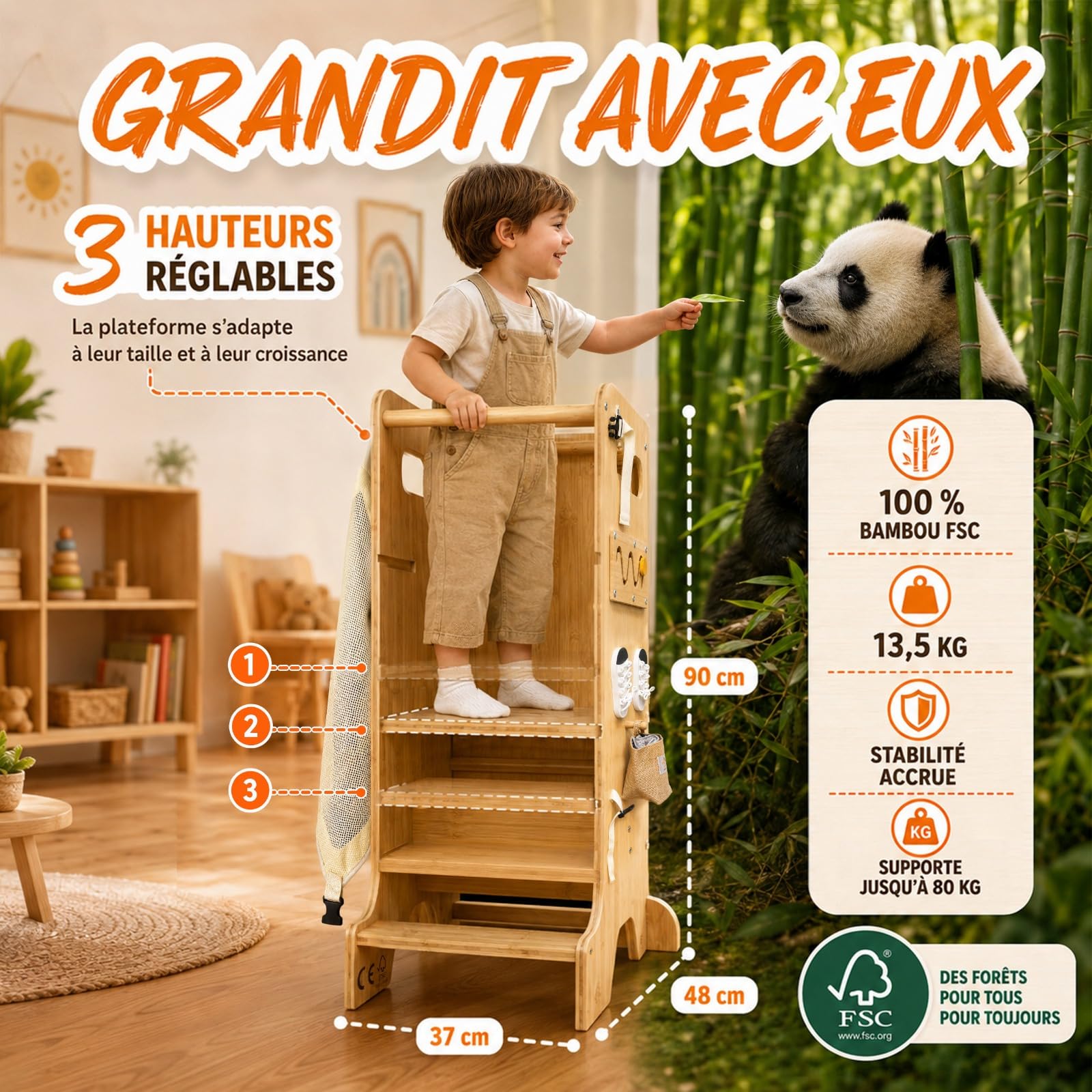 Tour d Observation Enfant 5 en 1 en Bambou - Tour d'observation Montessori