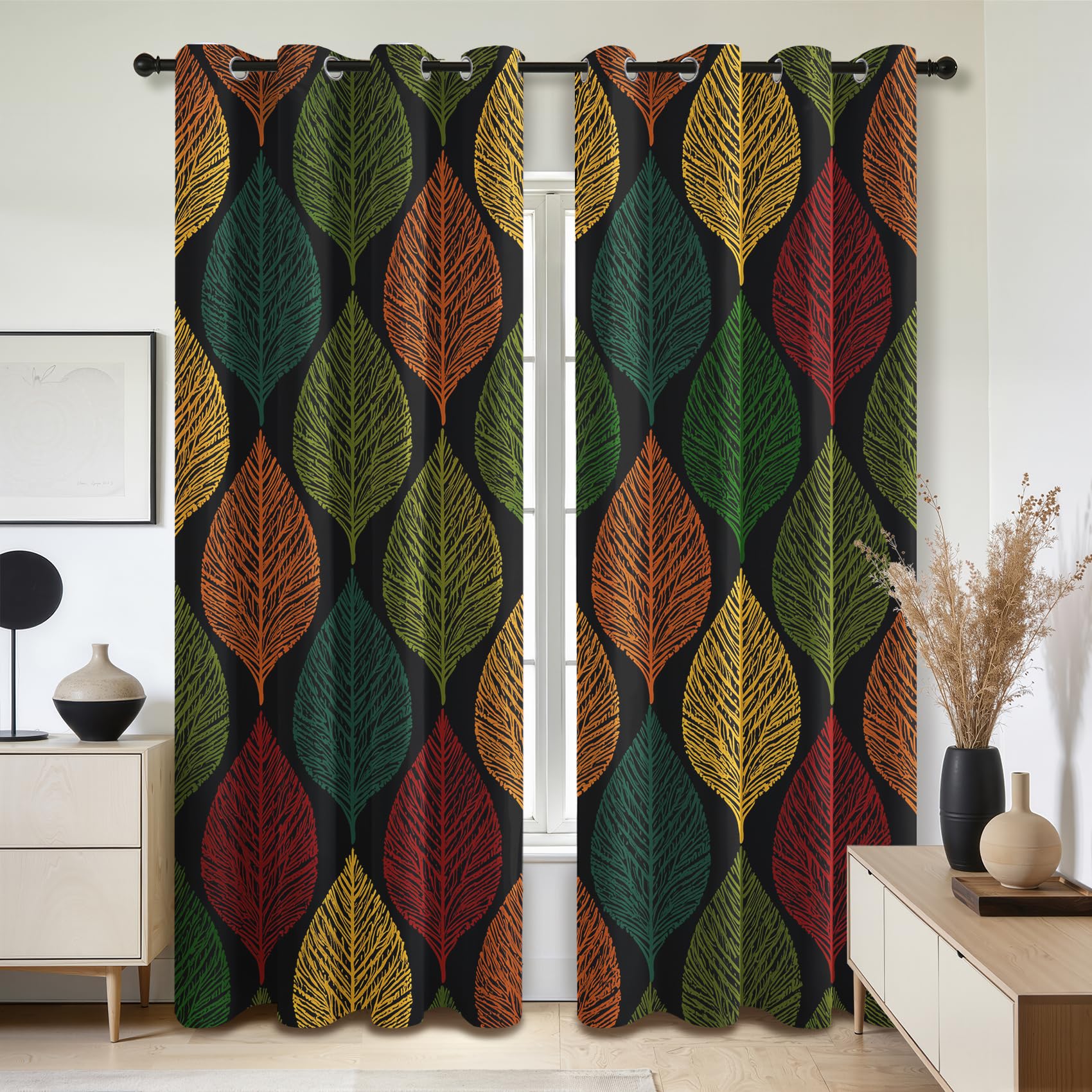 Mistela Blätter Verdunklungsvorhänge - Gardinen Boho Bunte Blätter Blickdicht Vorhang mit Ösen Verdunklungsvorhänge für Kinderzimmer Wohnzimmer Schlafzimmer Dekoration - 2er Set - H220 x B140cm