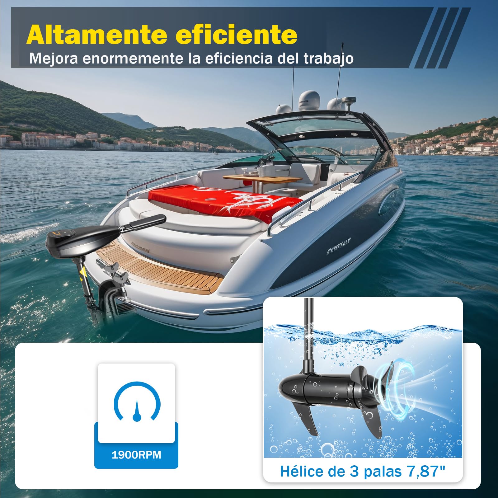 Motor Fueraborda Eléctrico 12V, 80 Libras - 626W Sin Licencia, 8 Marchas, 1850 Fuerza de Tracción, Para Barco (80 LBS Shub 12)