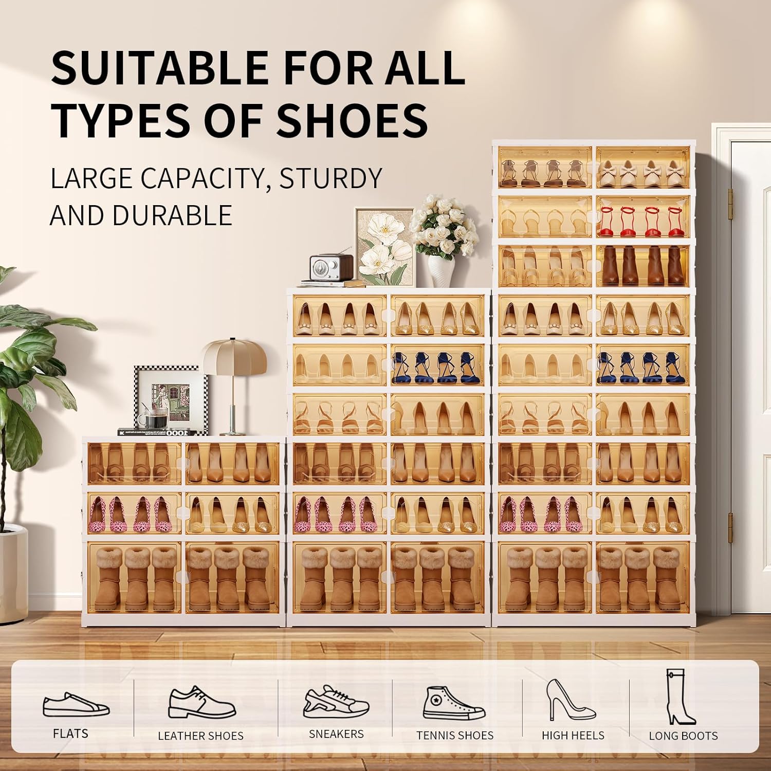 Foldable Shoe Rack Organizer 9-Tier, 27 Pairs Collapsible Shoe Storage Cabinet with Doors, Clear Plastic Stackable Shoe Organizer for Closet, with Boots Space, Easy Tool-Free Assembly, White