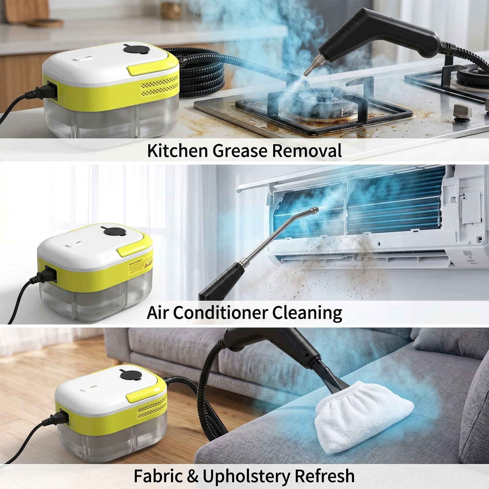 hKjPlvf Limpiador Vapor Mano 1500W Alta Presion, Tanque 1200 ML, Manguera 2M, 4 Cepillos, Calentamiento Rapido Limpieza Profunda Cocina, Coche, Tapiceria Yellow