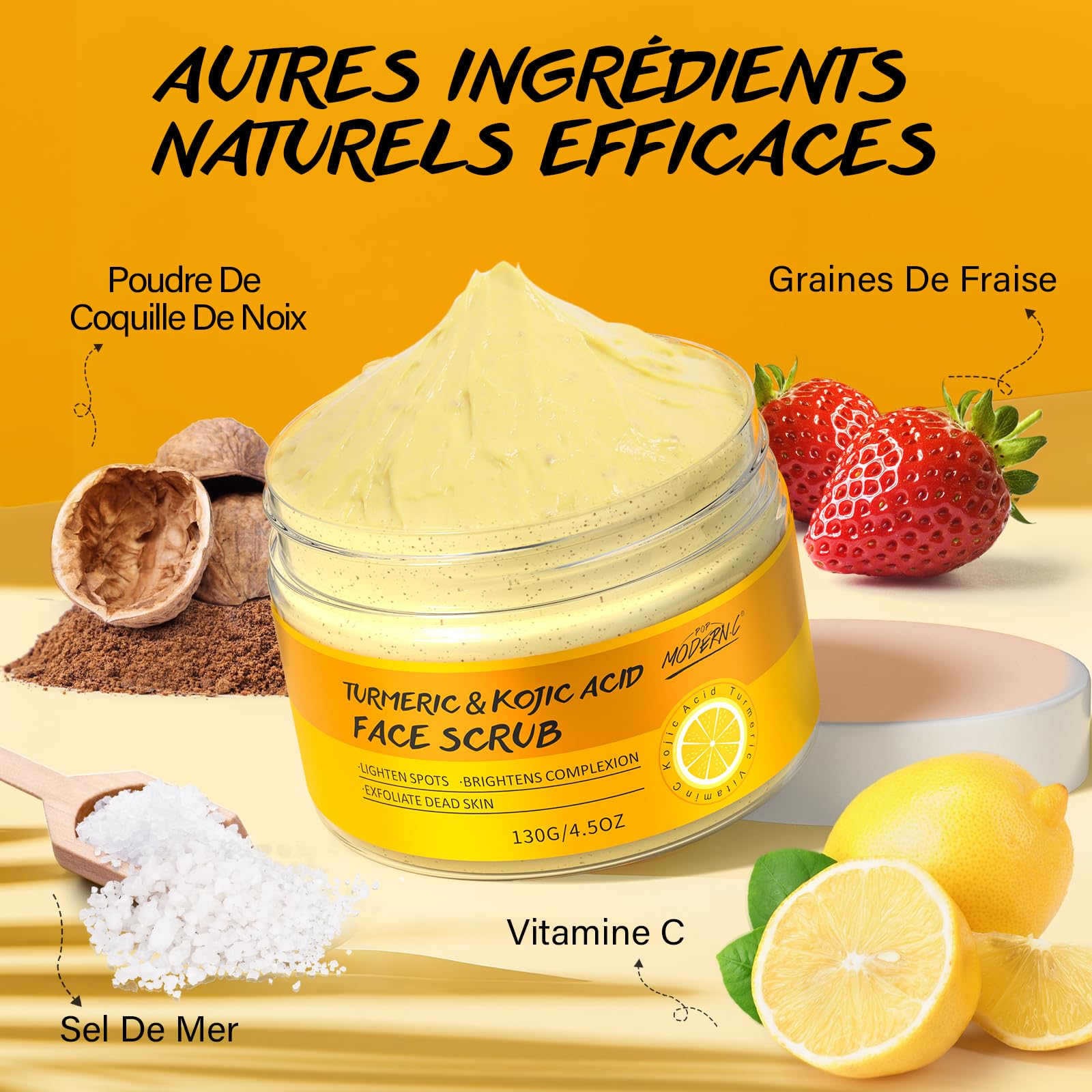 Gommage Visage à L'Acide Kojique, Gommage Visage au Curcuma, Exfoliant à la Vitamine C, AméLiore les Points Noirs et L'Acné, Convient aux Hommes et Aux Femmes, Cadeau FêTe des MèRes, 130g