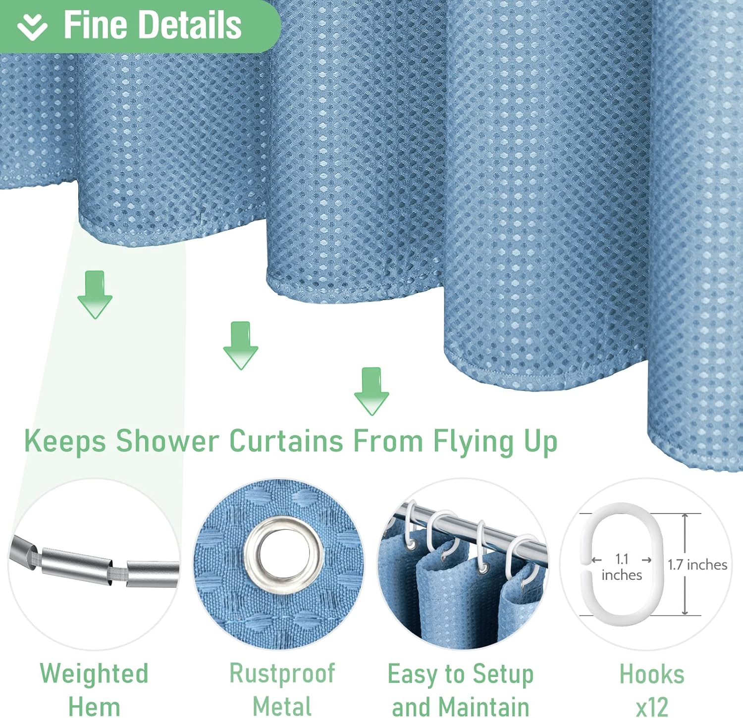 Dynamene Blue Fabric Shower Curtain - Waffle Weave Textured Heavy Duty Cloth Shower Curtains for Bathroom, 256GSM Hotel Luxury Weighted Bath Curtain Set with 12 Plastic Hooks,72x72, Moonlight Blue