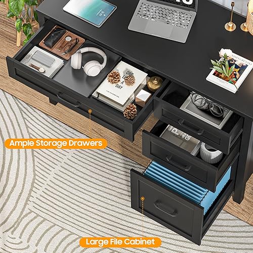 Miniatura 5 de Farmhouse - Escritorio ejecutivo de 47 pulgadas, escritorio para computadora con cajón de archivos y estación de carga, estación de trabajo para