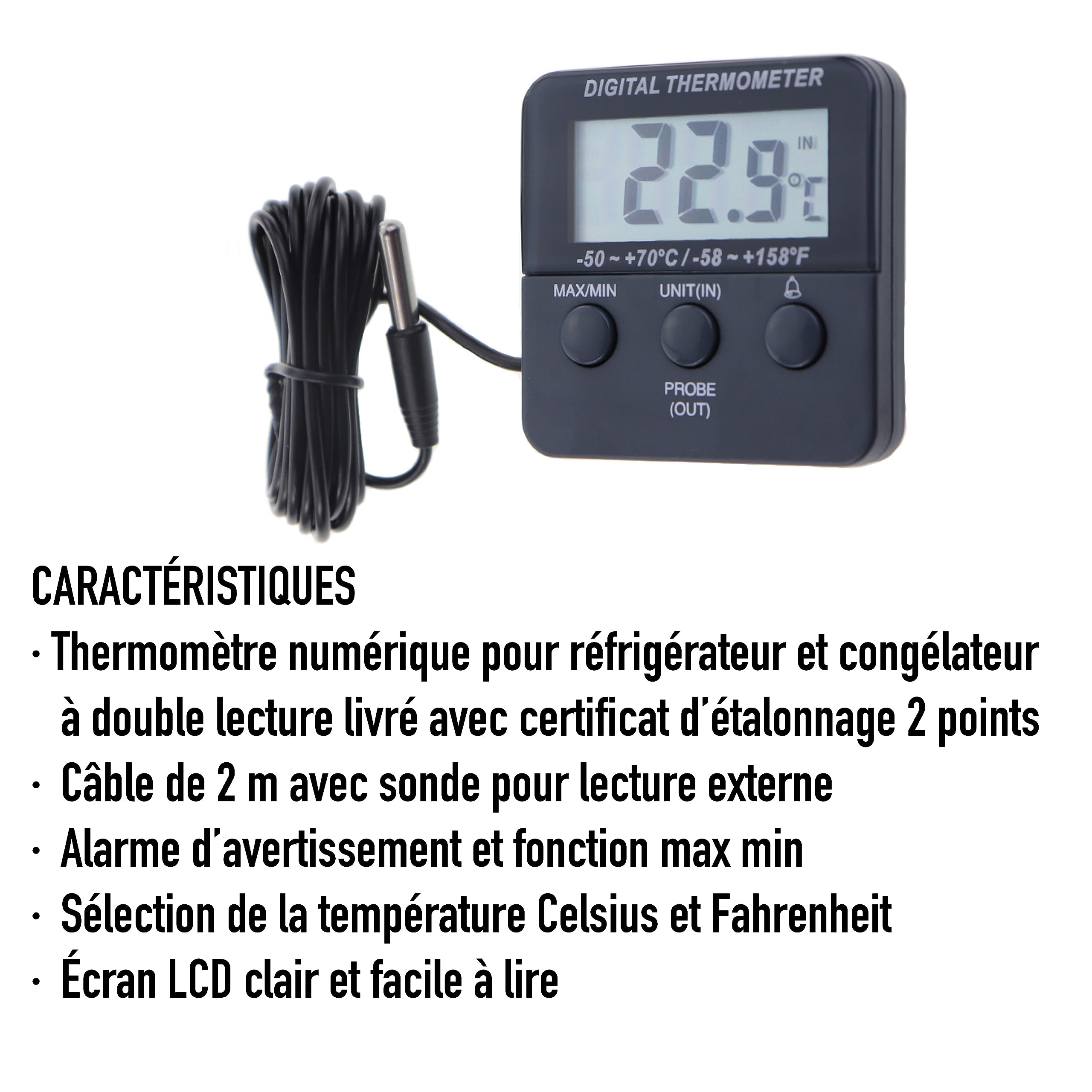 Thermomètre numérique calibré pour réfrigérateur/congélateur avec certificat d'étalonnage à 2 points traçable