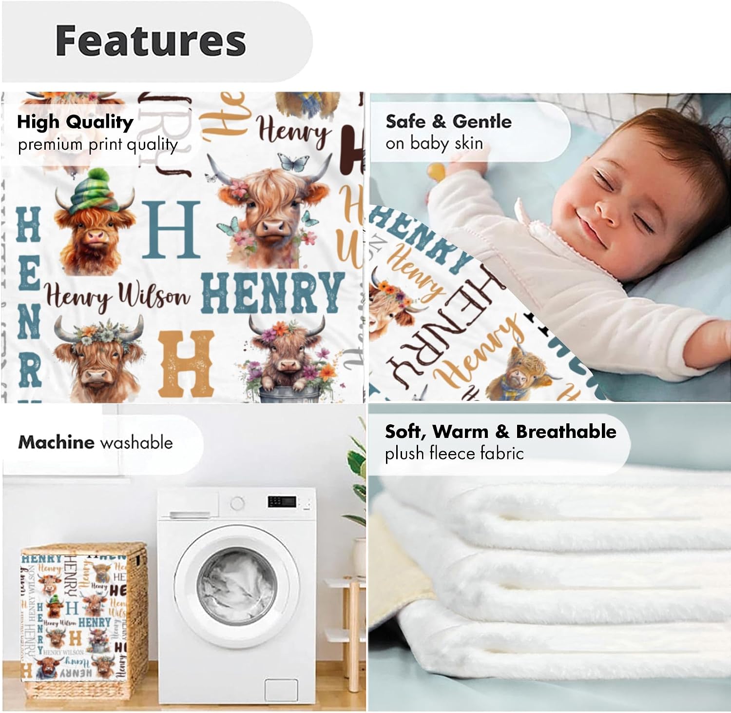 Personalized Highland Cow Baby Blanket, Rustic Farm Animal Nursery Decor, Cozy Custom Name Throw, Warm Plush Swaddle, Infant Snuggle Wrap, Newborn Photo Prop, Unique