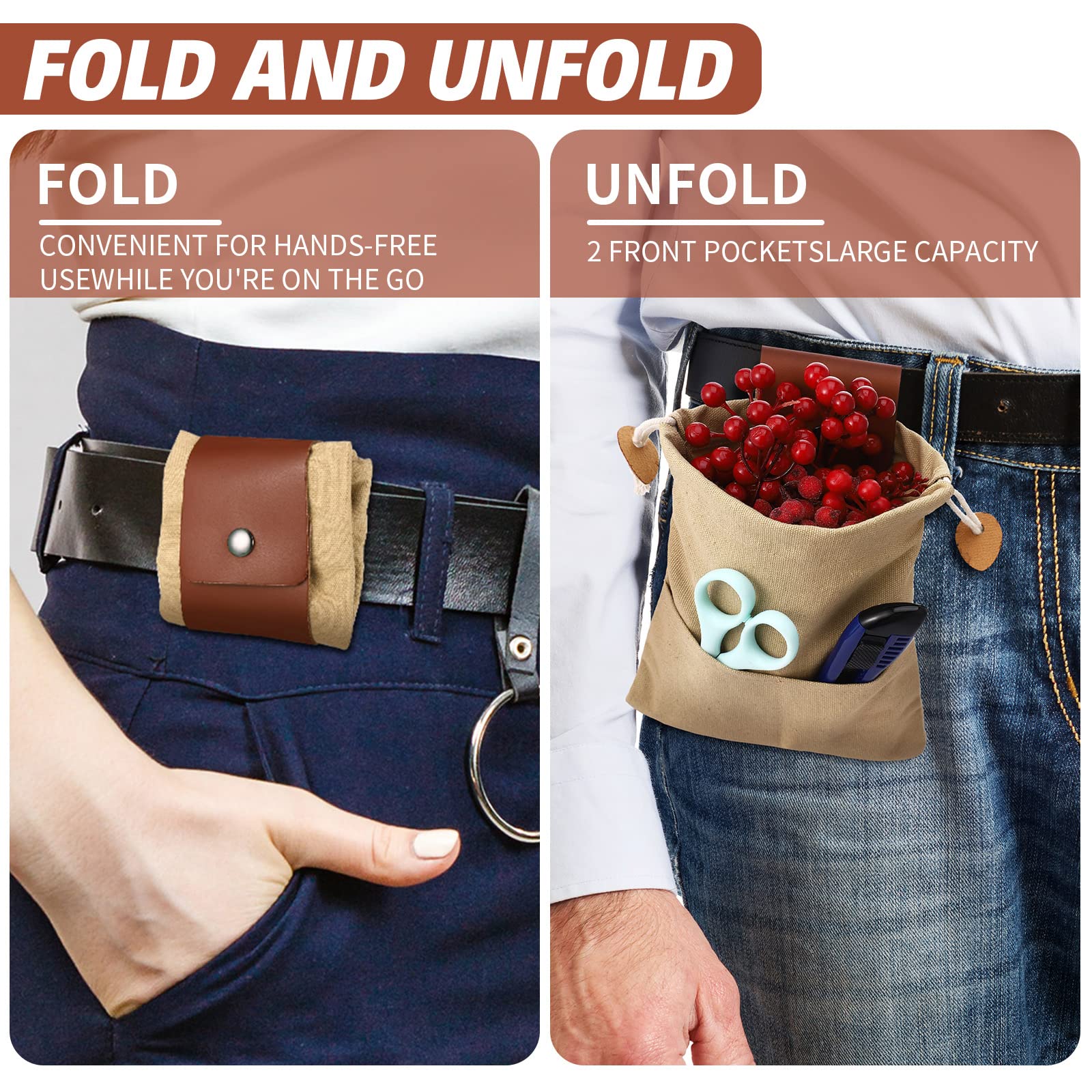 4 Pcs Canvas Foraging Bags - Waxed Pouch With Leather PU For Hunting Hiking Outdoor
