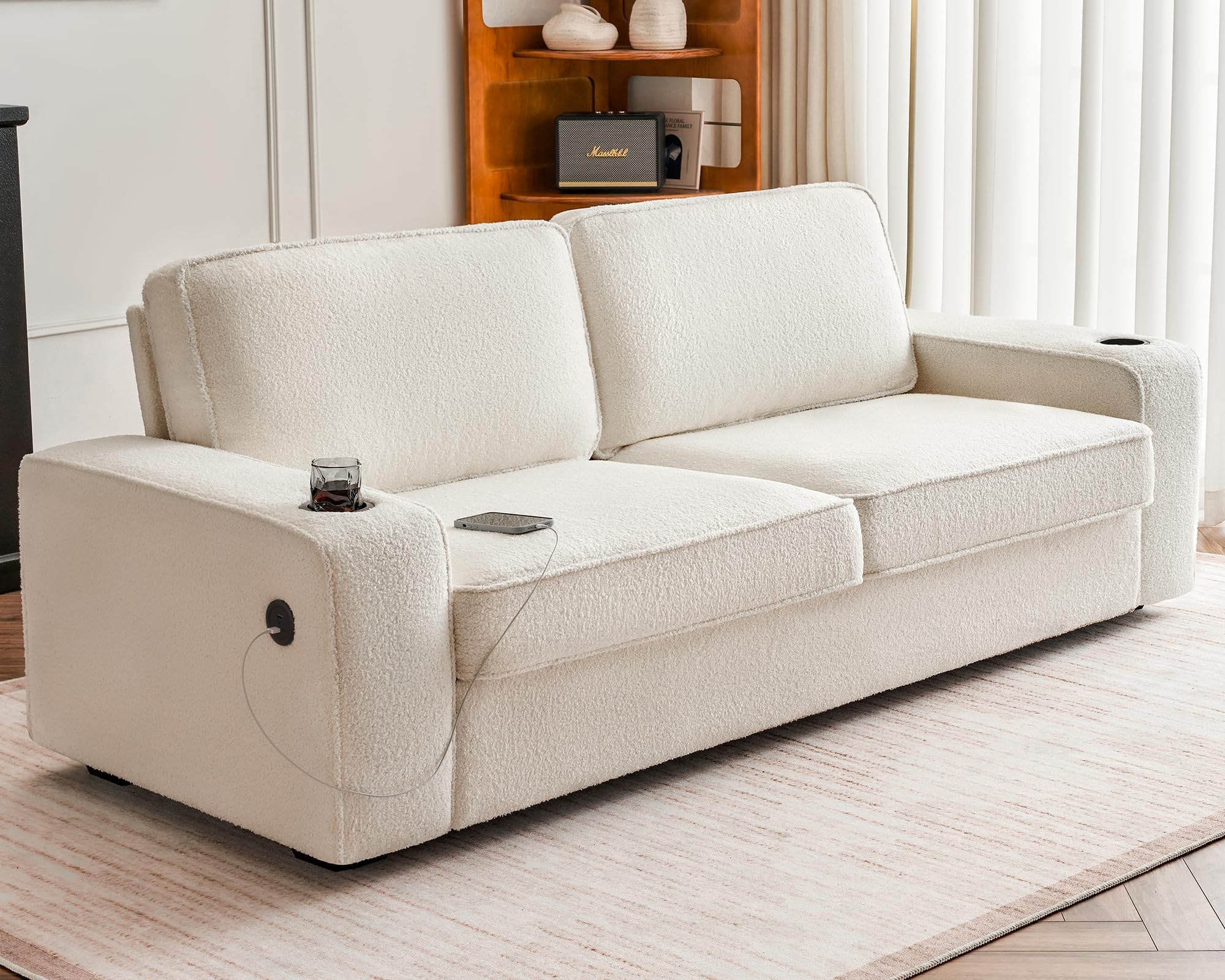 AMERLIFE Comfy Couch, 89 inch Deep Seat Sofa with USB Charging Ports & Dual Cup Holder, Modern Couch- Offwhite Bouclé Sofa for Living Room