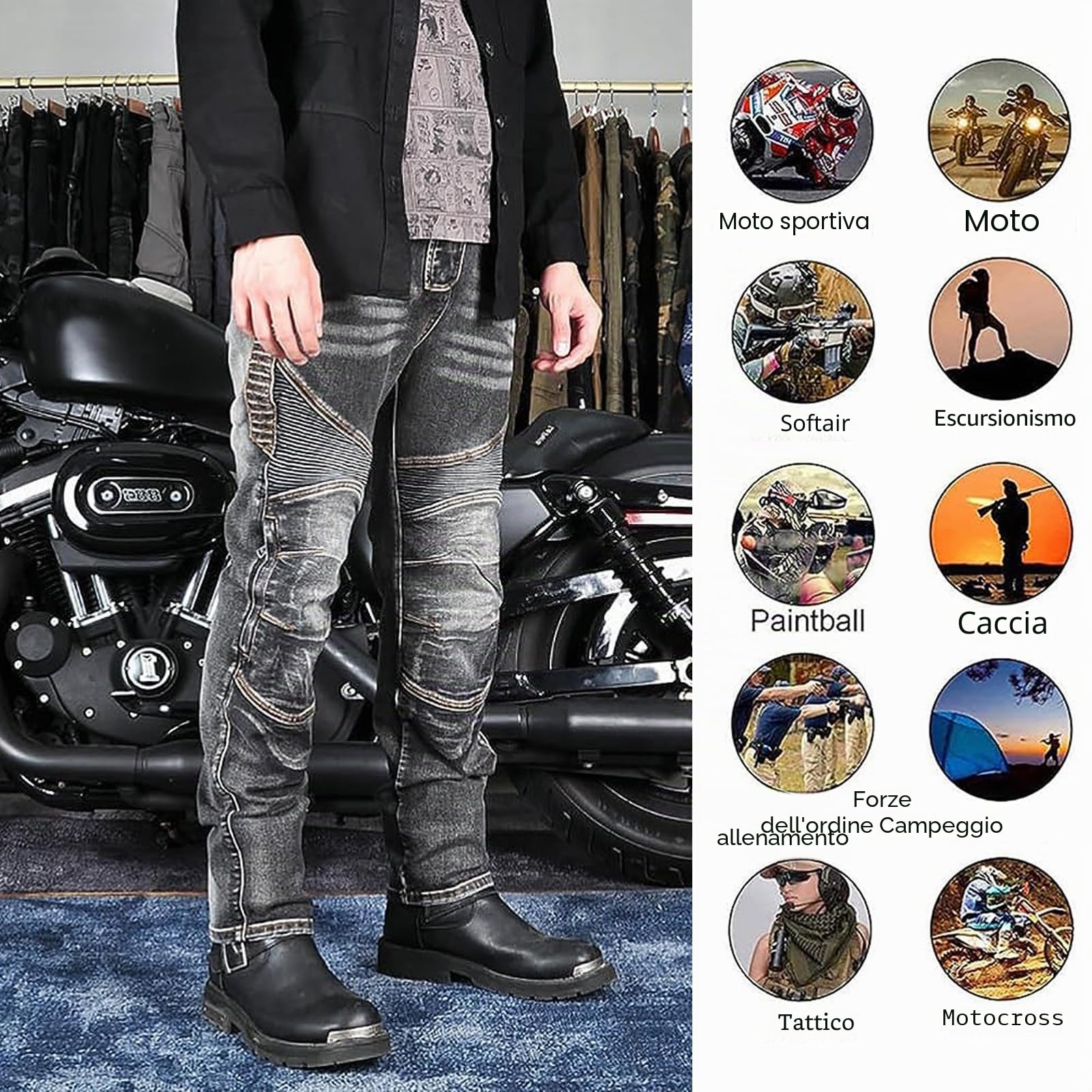 Pantaloni Moto Uomo, Jeans Moto Uomo con Fibra Aramidica, Resistenti all'Usura con 2 Paia di Protezioni su Fianchi e Ginocchia, Cuscinetti Rimovibili (Nero,M)