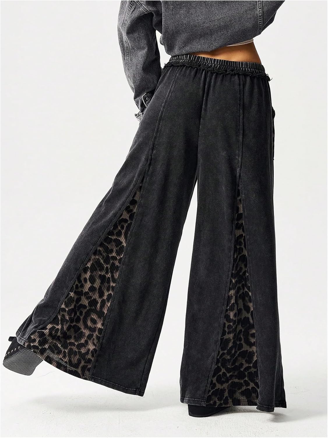 Women's Leopard Pactwork Pants Y2k Cheetah Elastic Waist Baggy Pants Wide Leg Knitted Long Trousers with Pocket - Image 2