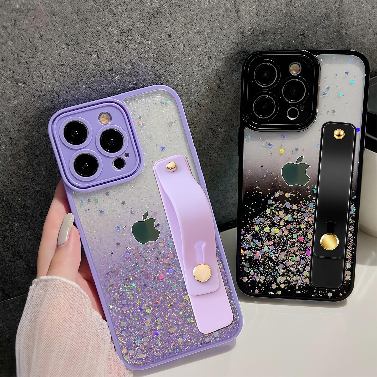 siduater Strap Case for 6.7" iPhone 15 Pro Max with Wristband Kickstand, Bling Glitter Sparkle Clear Cover Soft TPU Bumper Adjustable Hand Grip Loop for iPhone 15 Pro Max 6.7 Inch, Black - Image 7