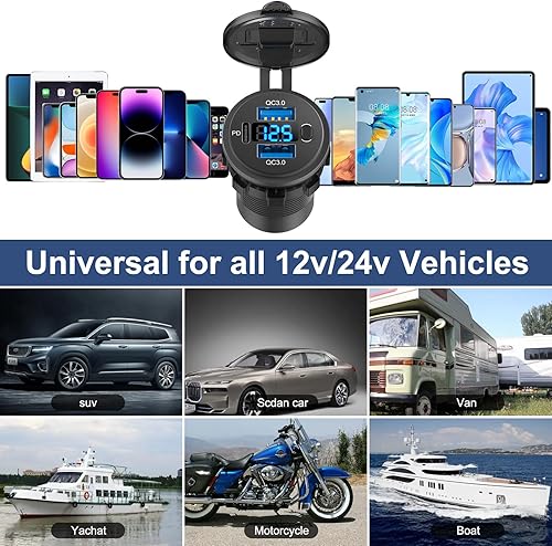 Miniatura 8 de Toma de corriente USB de 12 voltios de carga rápida dual 3.0 puerto y PD3.0 USB C cargador de batería de coche, toma de corriente impermeable de 12