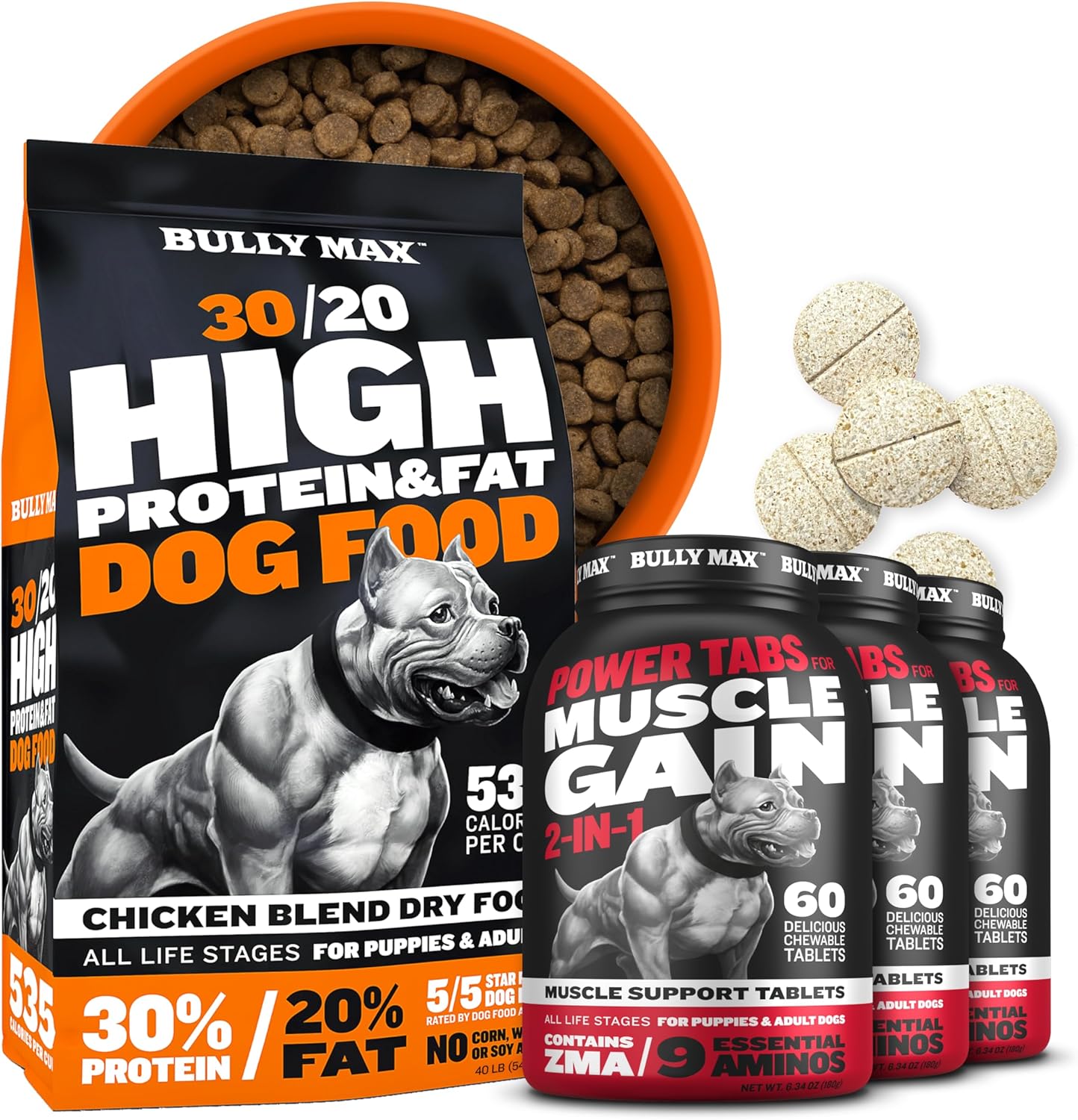 Bully Max High Protein & Fat Dog Food + Muscle Builder Tablets - Premium High-Calorie Dry Dog Food (40lb. Bag) with Chewable Muscle Support Supplement (3 Bottles, 60tabs/bottle) - For Puppies & Adults