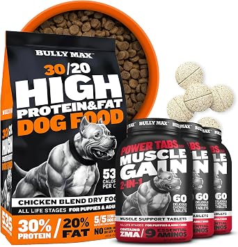 Bully Max High Performance Dog Food + 2-in-1 Muscle Builder Tablets - Premium High-Protein Dry Dog Food 15lb. Bag with Chewable Supplement for Muscle Gain & Health 3 Bottles, 60tabs/Bottle