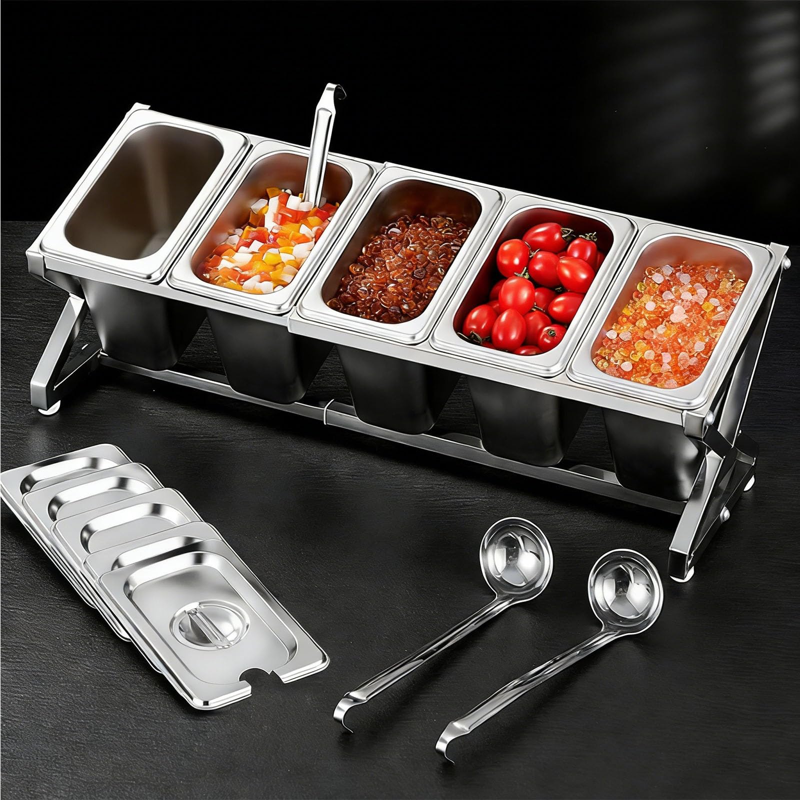 HADECOLL Pizza Topping Station With Spoon, Expandable Spice Rack Shelf, Condiment Caddy With Lid, Fruit Veggie Dispenser Tray For Sauce Ingredients,5 grids