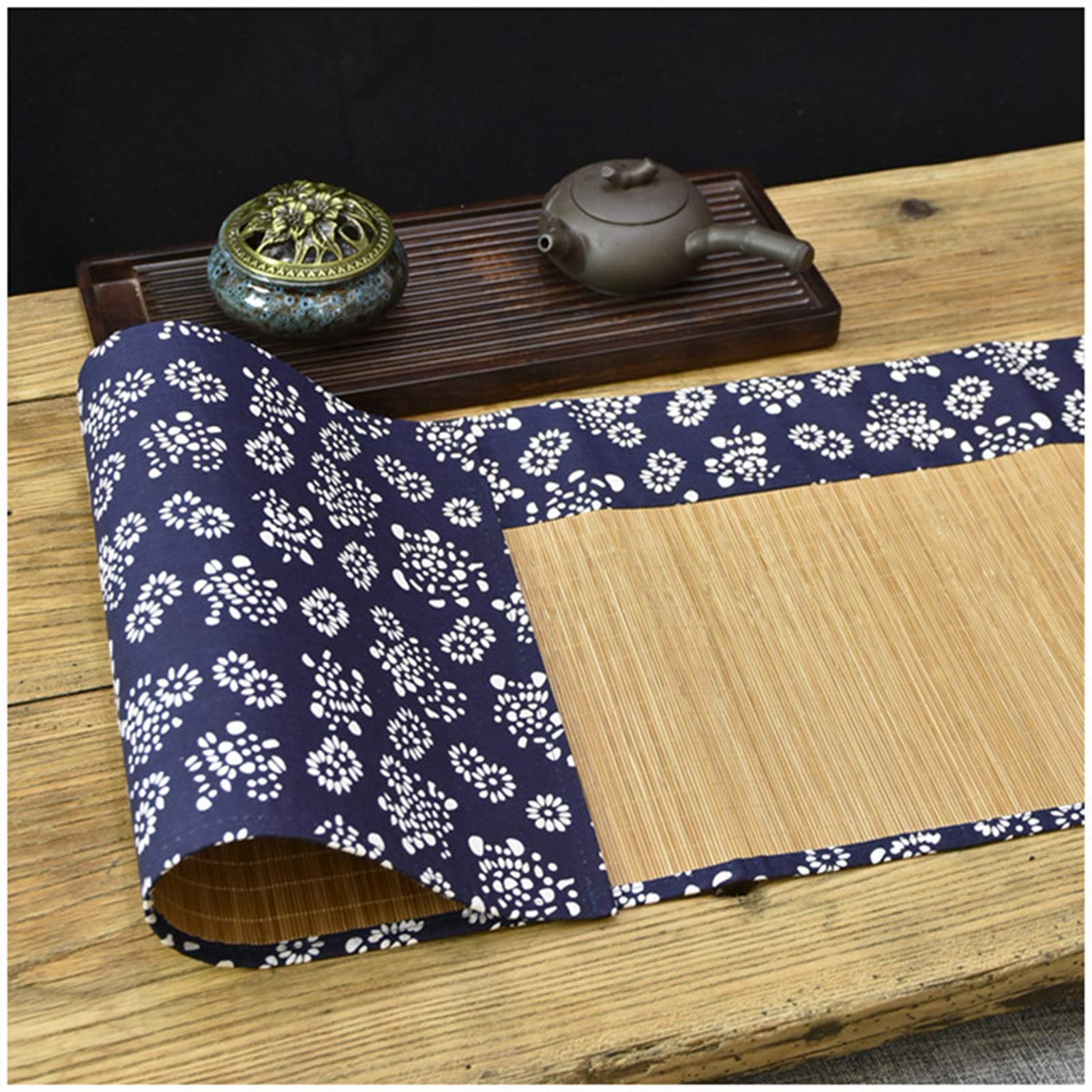 Camino de Mesa Estilo Granja, Mantel Tejido a Mano de Tela Floral Azul de Seda de bambú, Mantel Individual de Aislamiento Antideslizante para tapetes Largos de Comedor, Accesorios