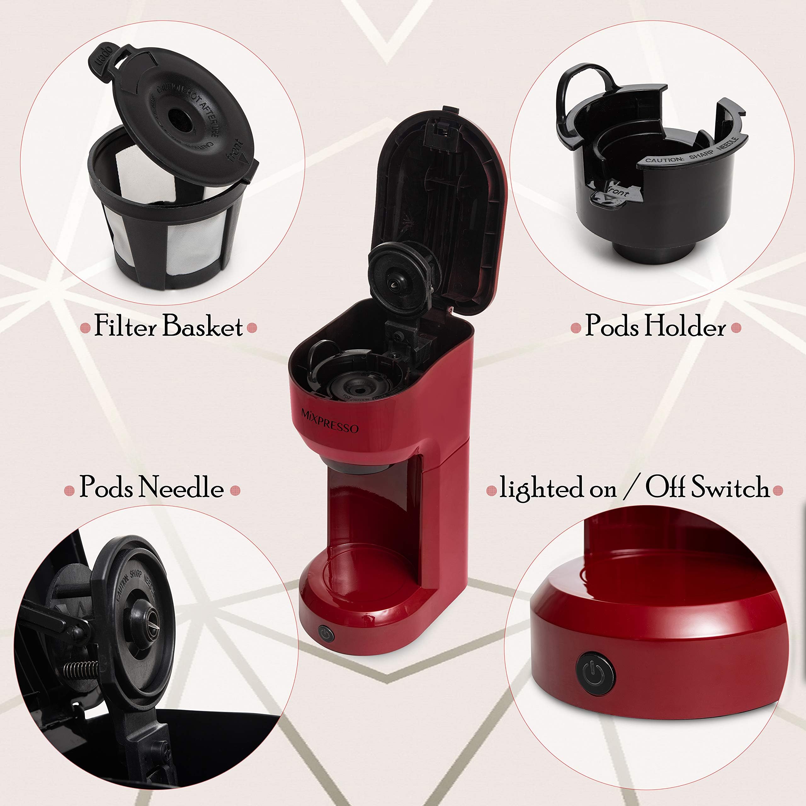 Mixpresso 2 in 1 Coffee Brewer, Single Serve Coffee Maker K Cup Compatible & Ground Coffee, Personal Coffee Maker,Compact Size Mini Coffee Maker, Quick Brew Technology 14oz Red Coffee Maker