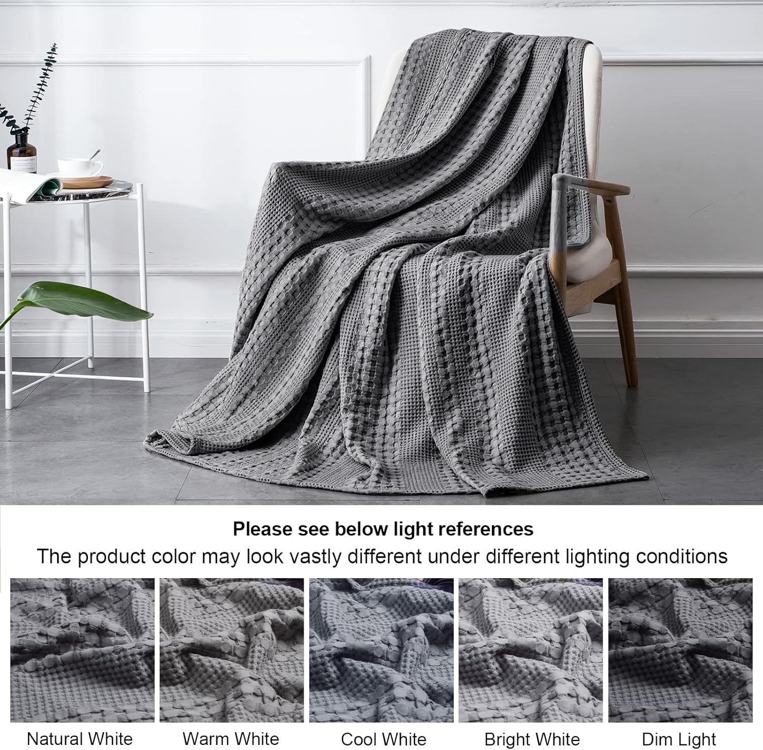 PHF 100% Cotton Waffle Weave Blanket Queen Size - Luxury Decorative Soft Breathable Skin-Friendly Blanket for All Season - Perfect Textured Blanket Layer for Couch Bed Sofa 90"x90" - Dark Grey : Home & Kitchen