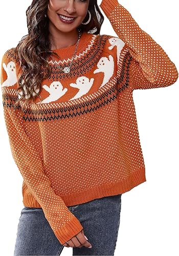 Cocoarm Suéter de invierno para mujer, de punto básico, de manga larga, cuello redondo, casual, estampado de fantasmas de Halloween (XXL-naranja),