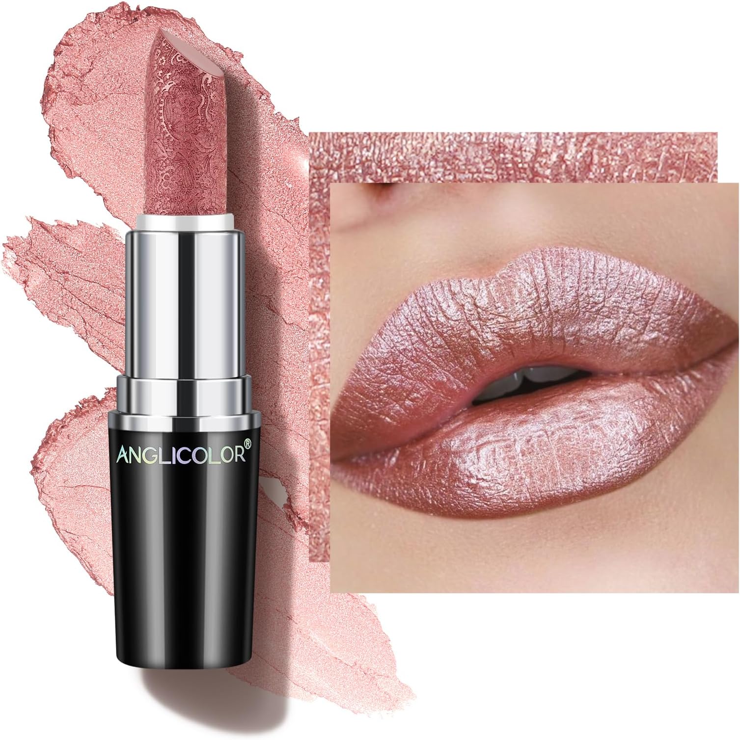 Glitter Metallic Nude Pink Lipstick,High Impact Lipcolor,Lightweight Hydrating Formula Smooth and Non-Sticky,Lipstick For Women,Full-Coverage Lip Makeup(07 PURE ENVY, 4g)