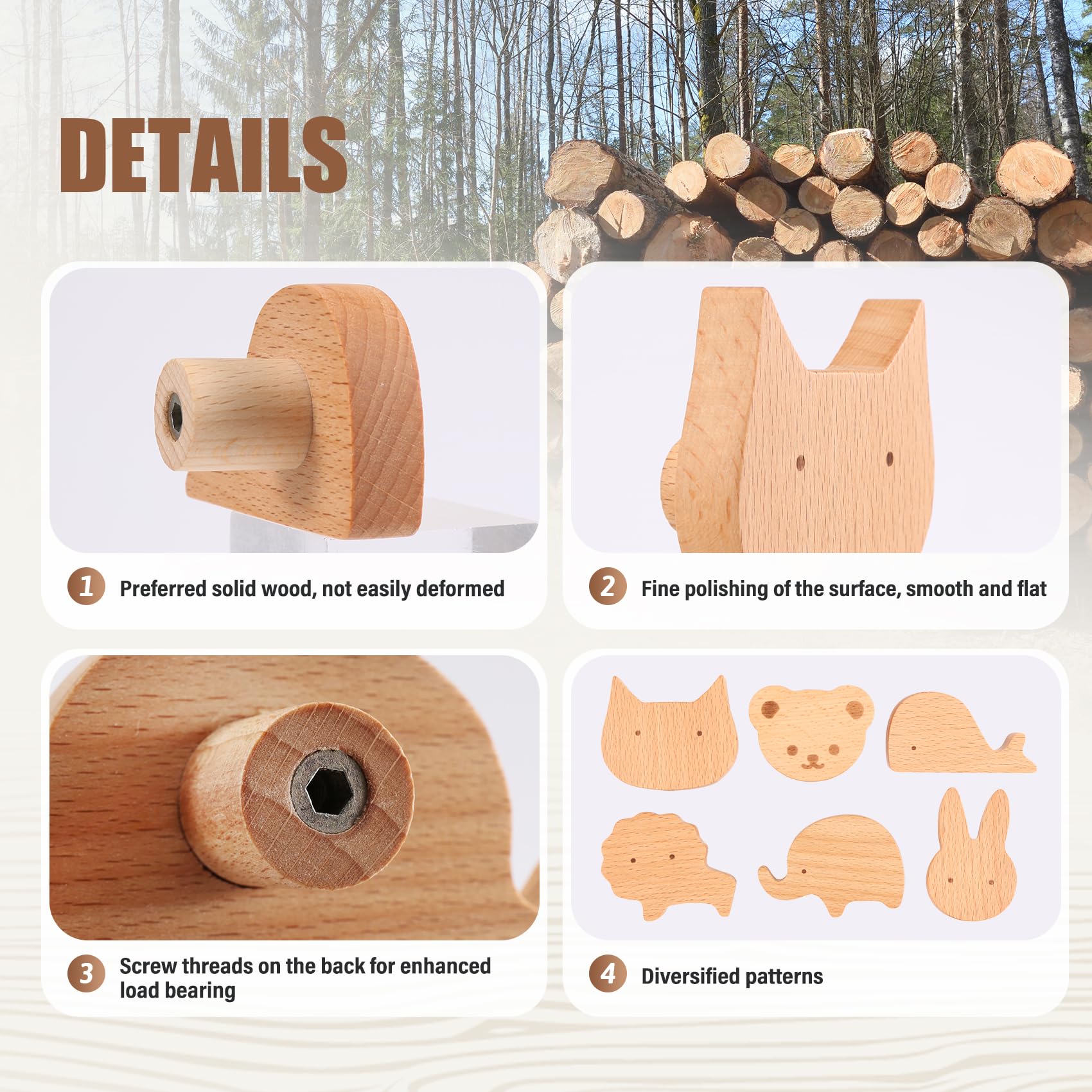 6 Pezzi Pomelli per Mobili Bambini, Maniglie per Cassetti Cameretta, Pomelli Decorativi in Legno per Armadietti e Cassettiera