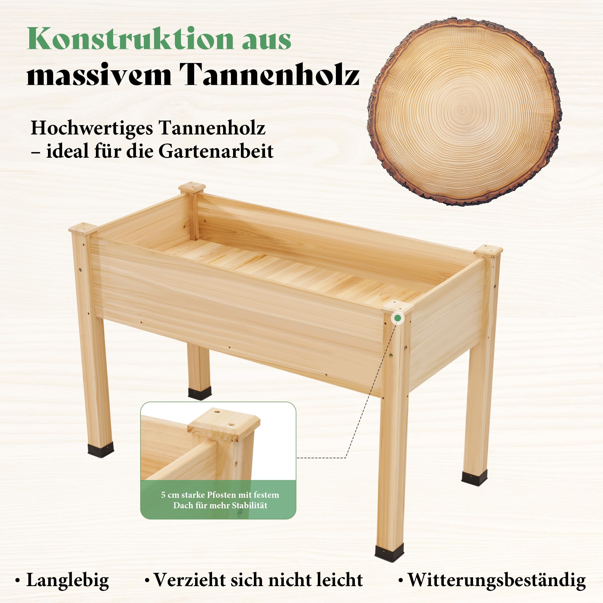 LUXOAK 122x61x77 cm Tannenholz Hochbeet mit Beinen, 110L, Hellholz | Effiziente Drainage, Schutzfolie, Robuste Holzkonstruktion, Komfortable Höhe, Für Balkon & Terrasse