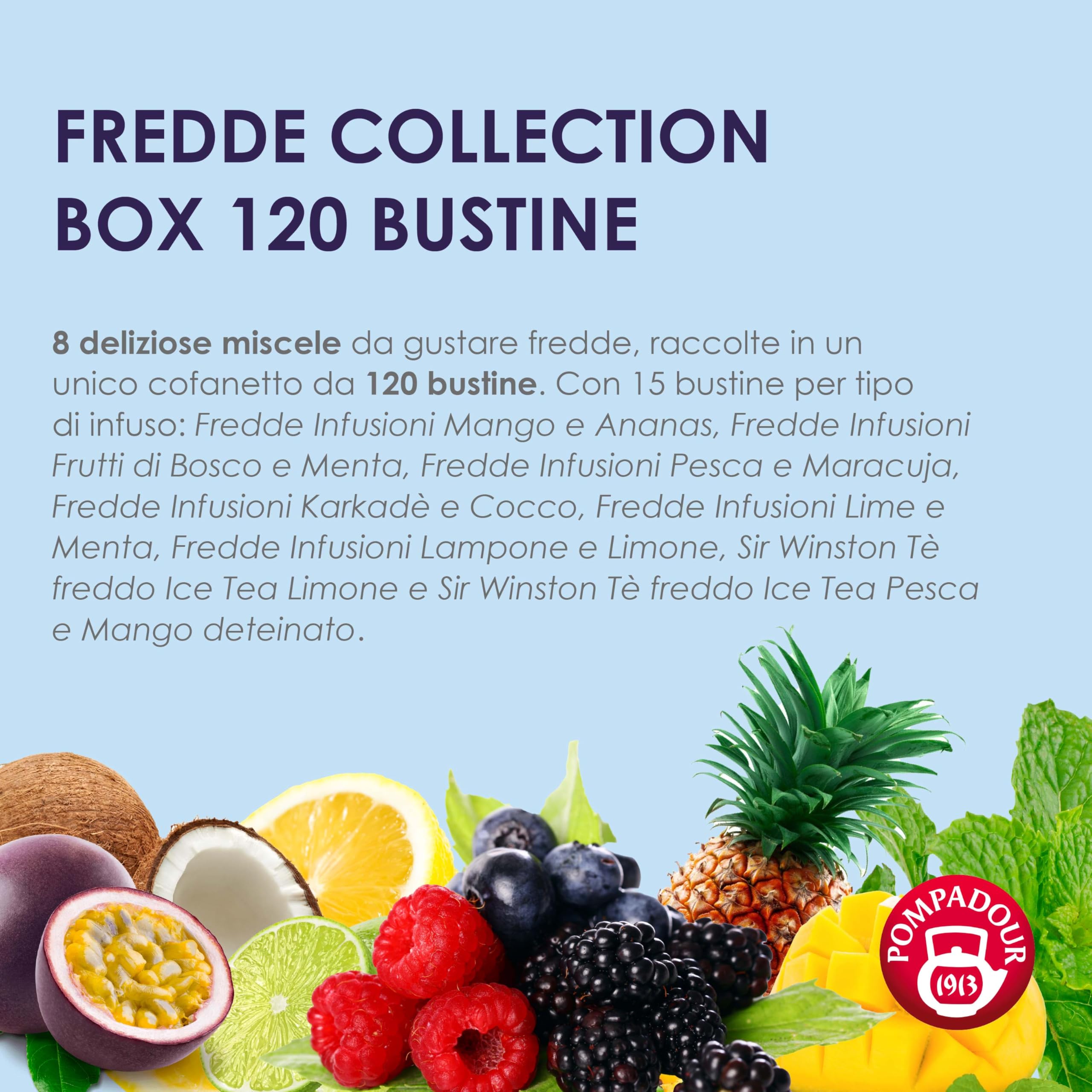 Pompadour, Box Infusi e Tè Freddi 15 Bustine x 8, Karkadè Cocco, Lime Menta, Lampone Limone, Pesca Maracuja, Frutti di Bosco e Menta, Mango Ananas, Ice Tea Limone, Ice Tea Pesca Mango