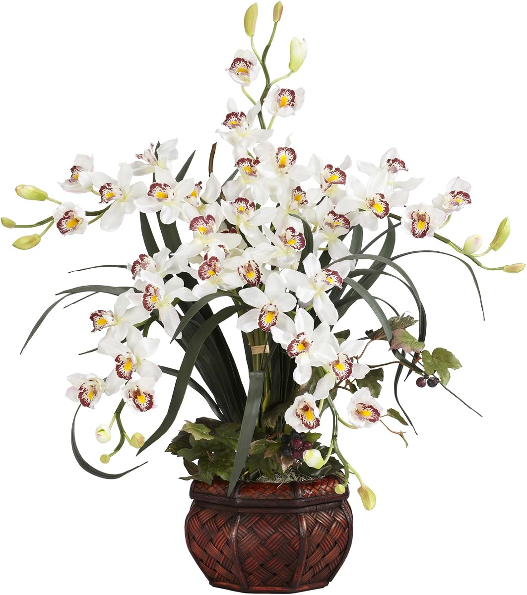 Cymbidium casi natural con arreglo de seda de jarrón decorativo