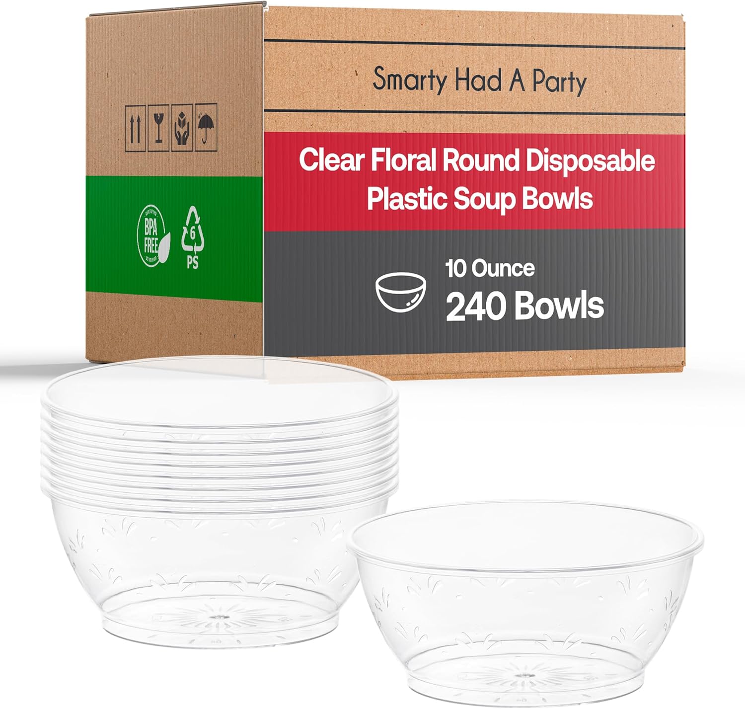 Smarty Had A Party 240 Elegant Disposable Plastic Bowls, 10 oz Heavy Duty Fancy Round Clear Salad and Soup Bowls, Party Dessert Set for Weddings, Christmas, and All Occasions