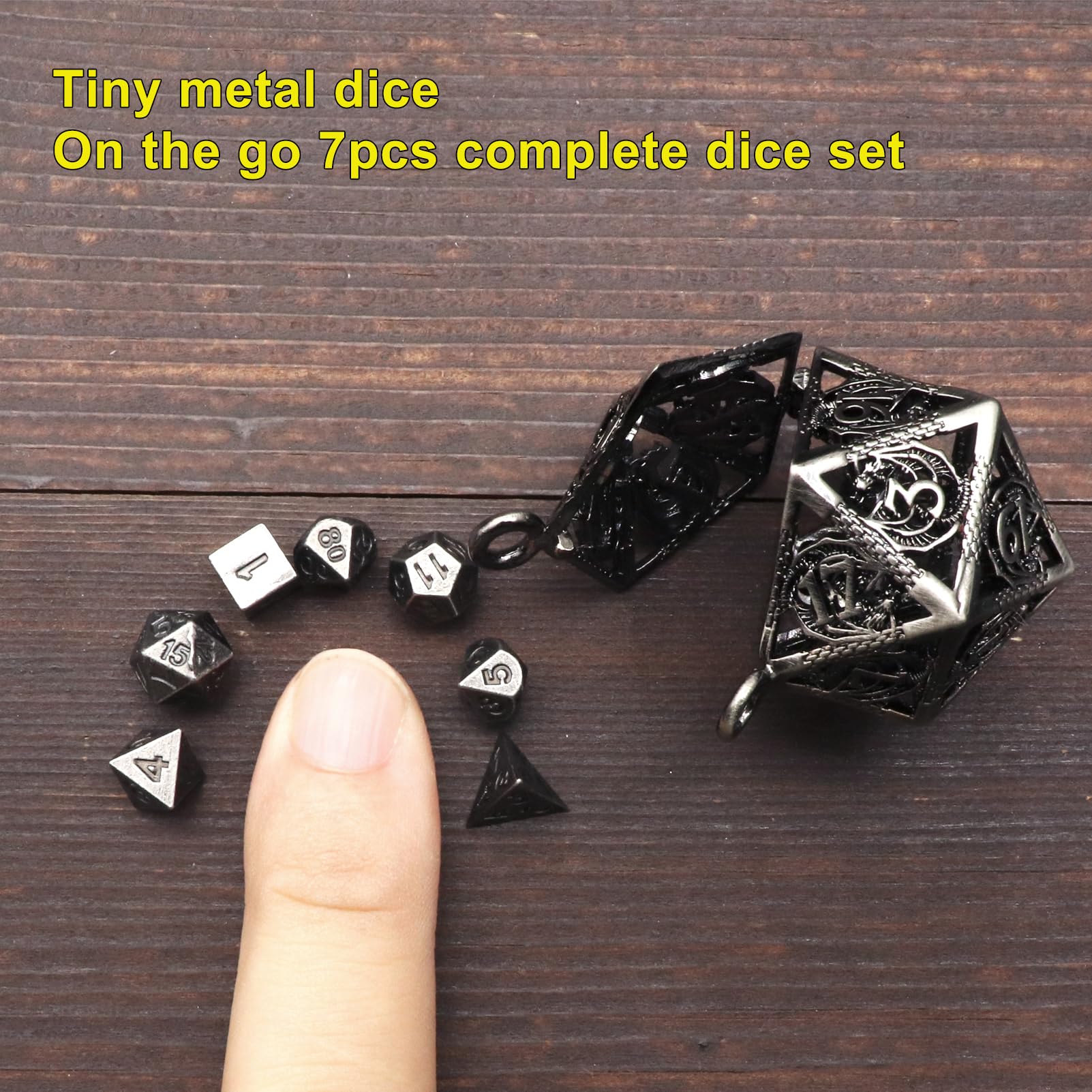 Haxtec Mini Metal DND Dice Set with Hollow Necklace Dice Case Antique Tiny Metal Dice Set D&D Keychain Portable 7PCS Dice Set